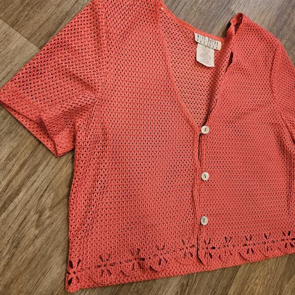 Vtg Crochet Mesh Cardigan Top Womens 10 Coral Pink Beachy Coastal Boho Festival - Picture 4 of 8